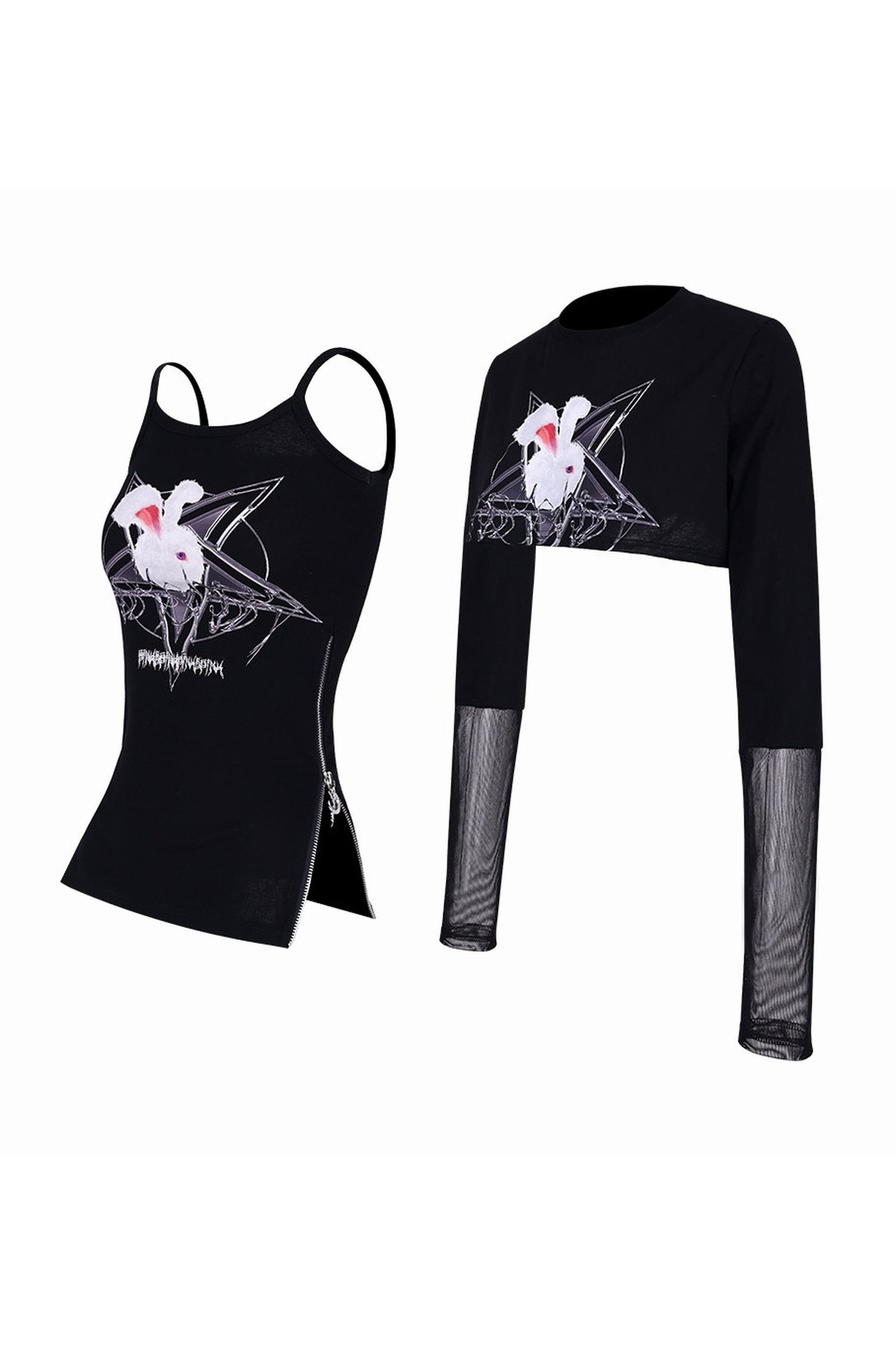 Printed Rabbit Mesh Blouse Set