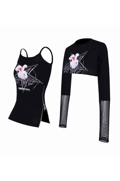 Printed Rabbit Mesh Blouse Set