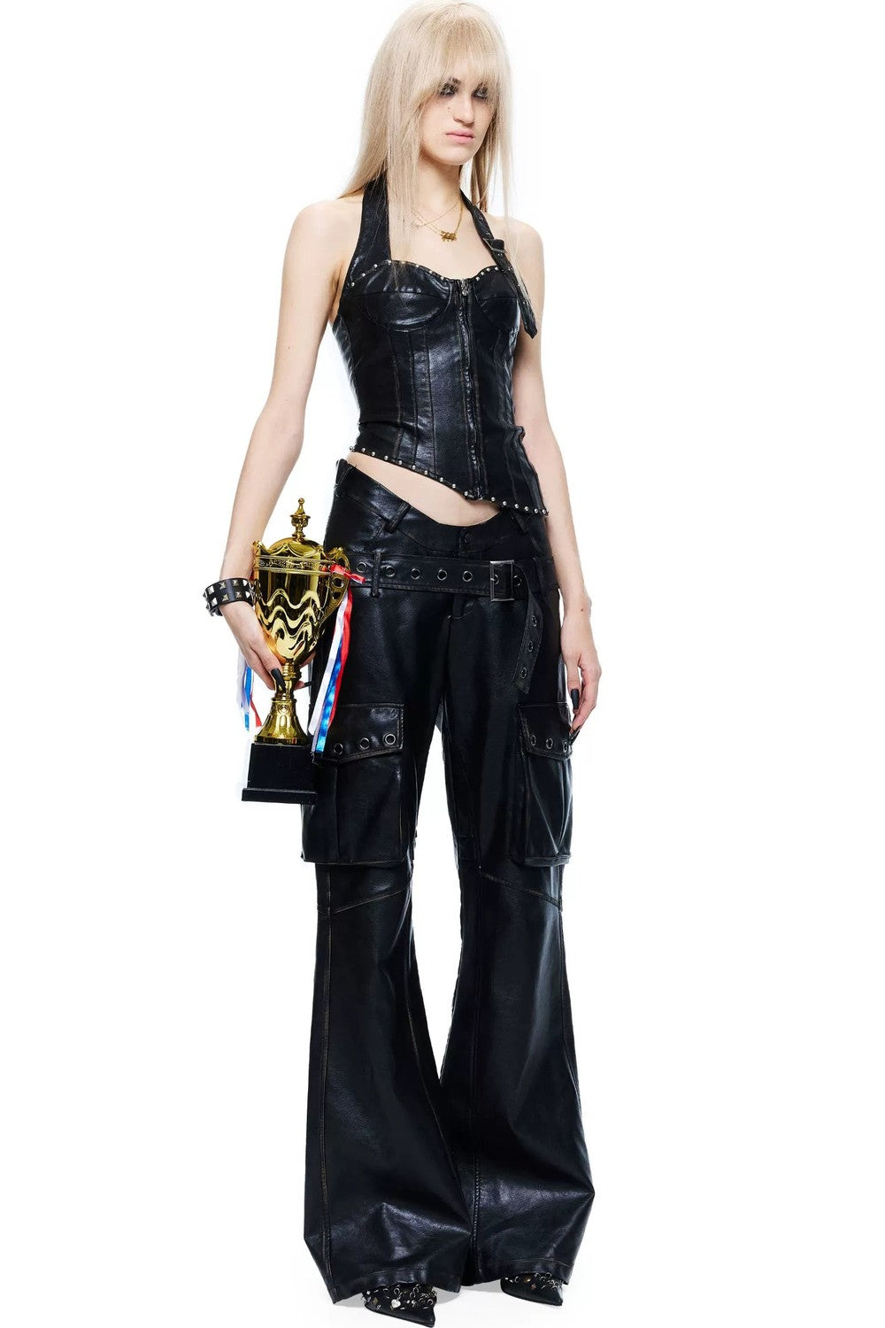 Top all'americana in pelle stile punk leggero