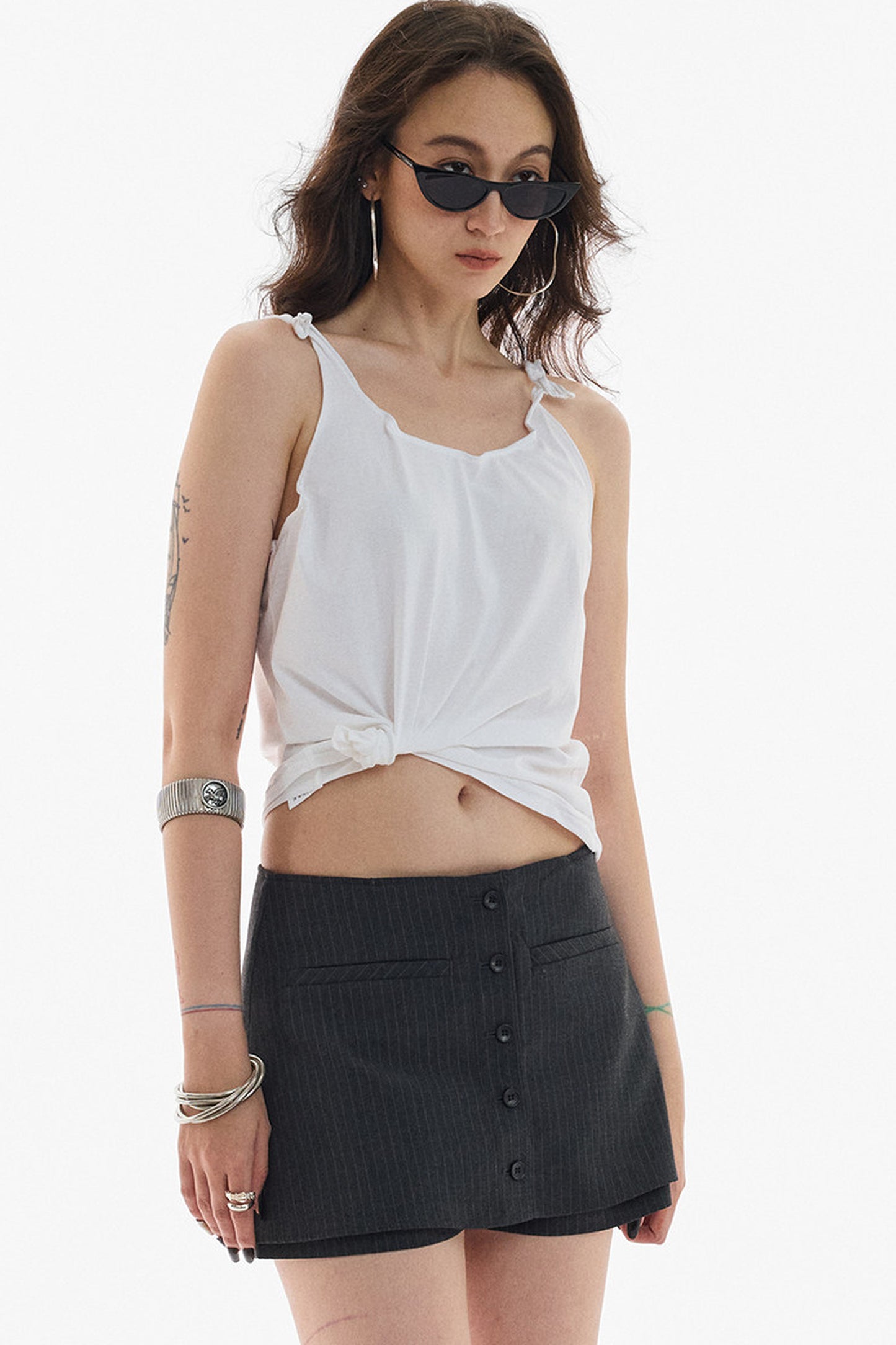 Gray White Striped Button Front Skirt