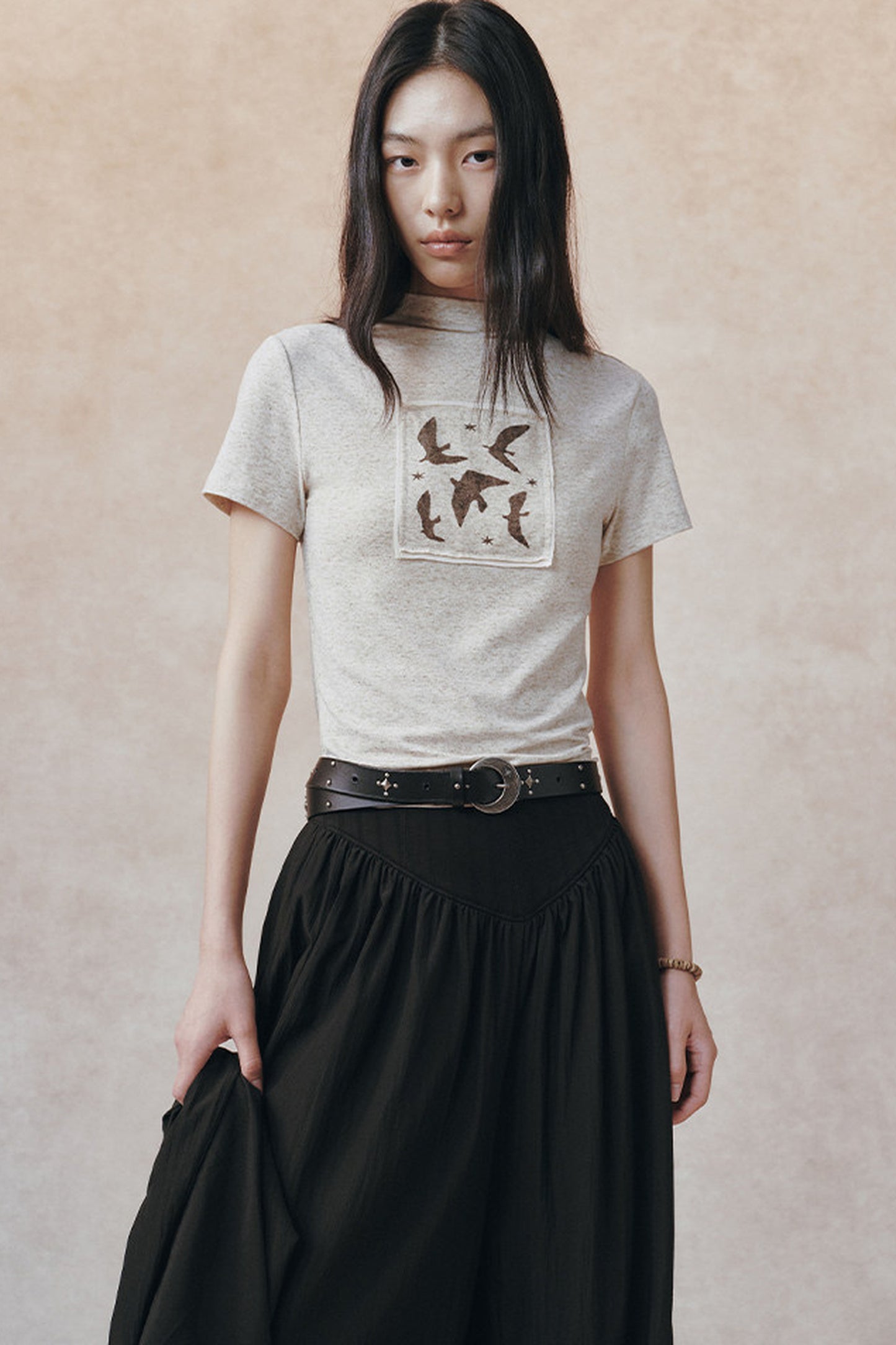 T-Shirt mit Vogelprint und Leinenstruktur