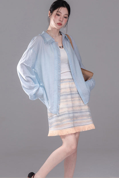 Star Mist Blue Tassel Lace Blouse