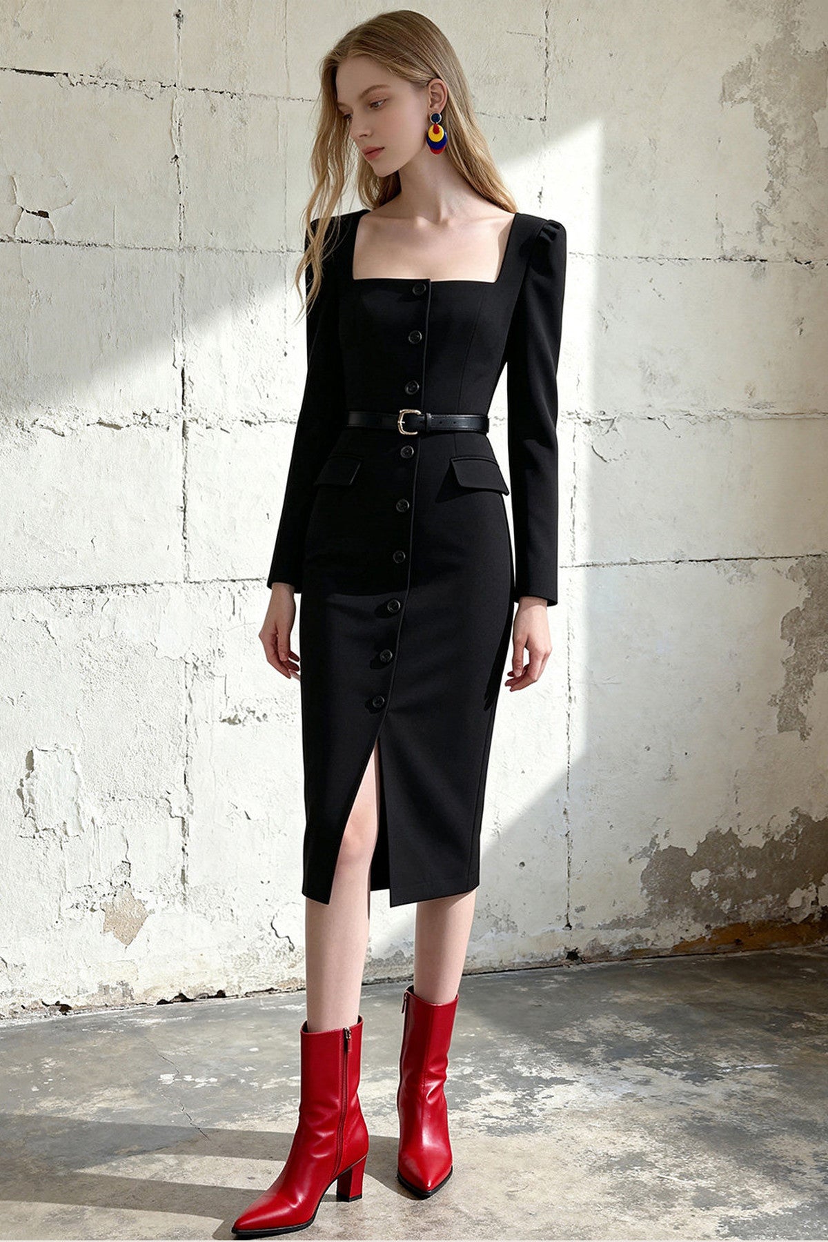 Buttoned Slit Midi Dress