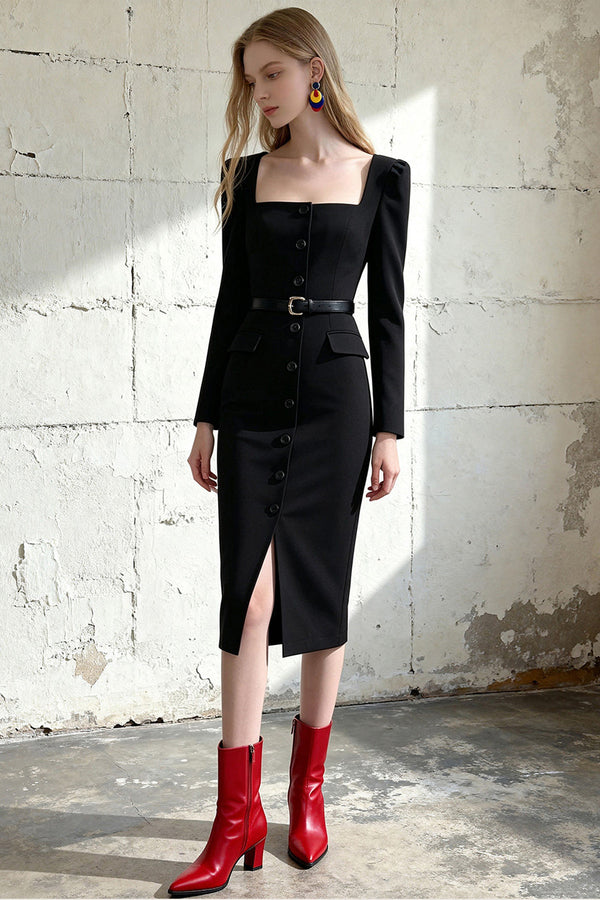 Buttoned Slit Midi Dress