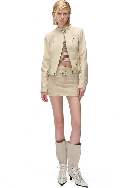 Storm Rider Washed Khaki PU Patchwork Jacket
