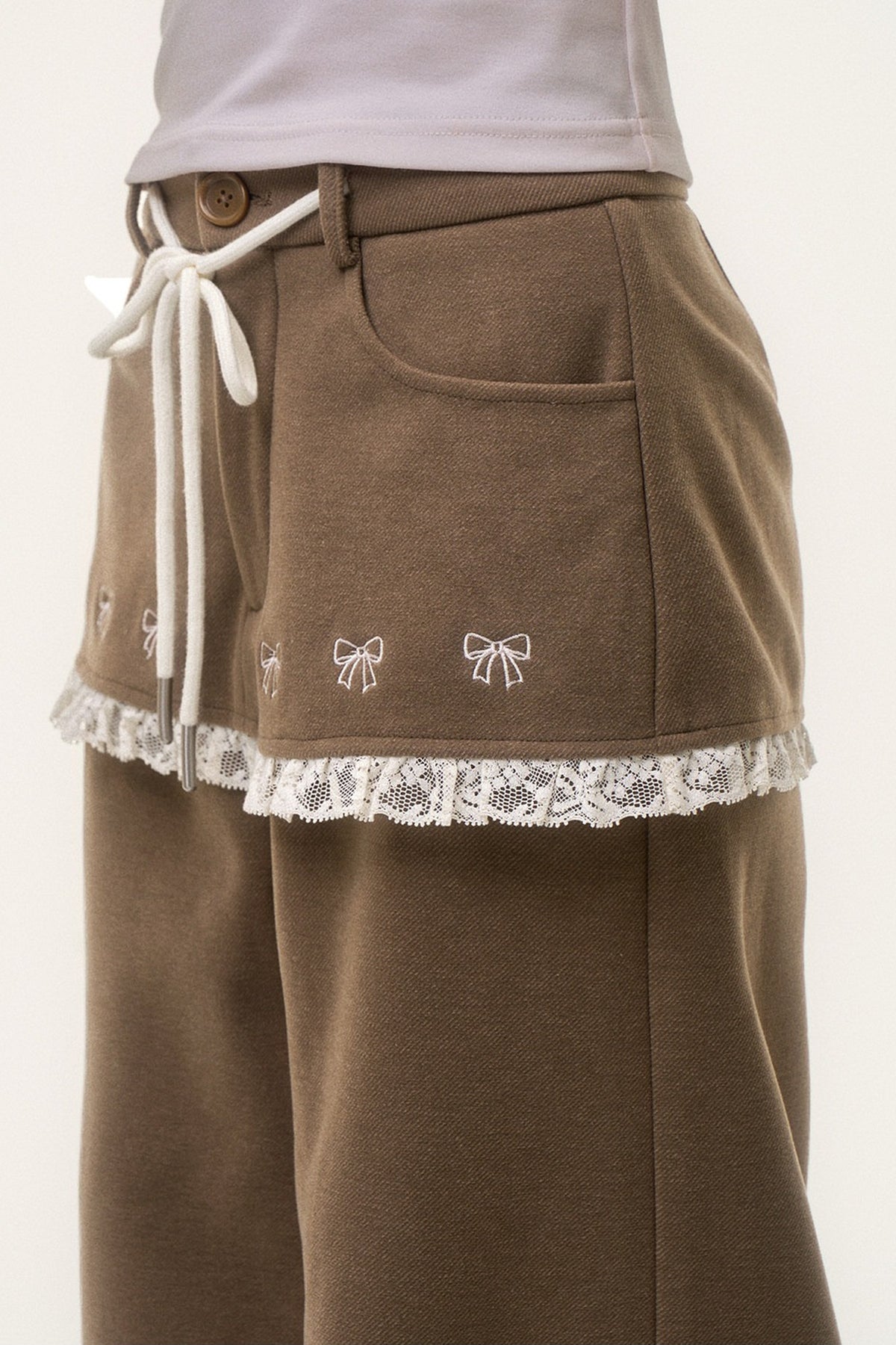Bow Embroidered Layered-Look Pants