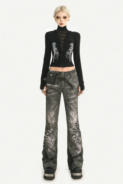 Black Printed Lace Splicing Top and Pants Set-Up