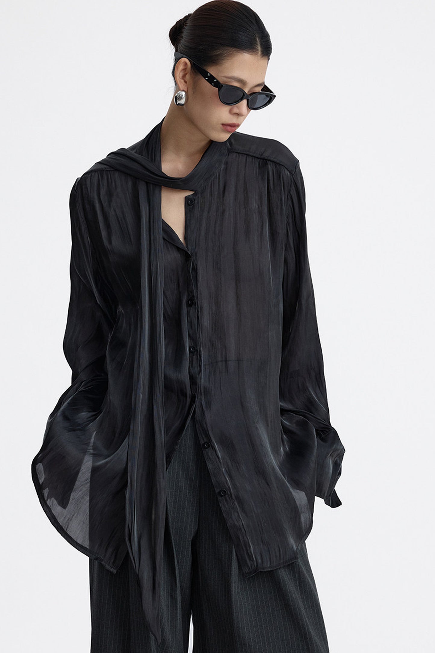 Pleated Tie Neck Shirt