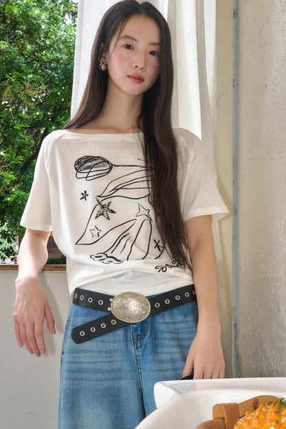 Bird And Tulip Print One-Shoulder Tencel T-Shirt