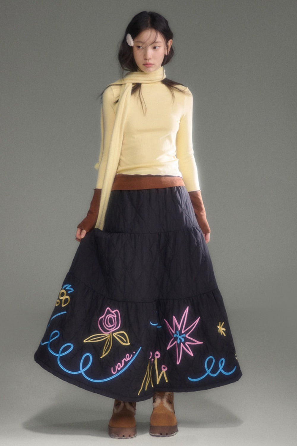 Floral Embroidered Quilted A-Line Tiered Skirt