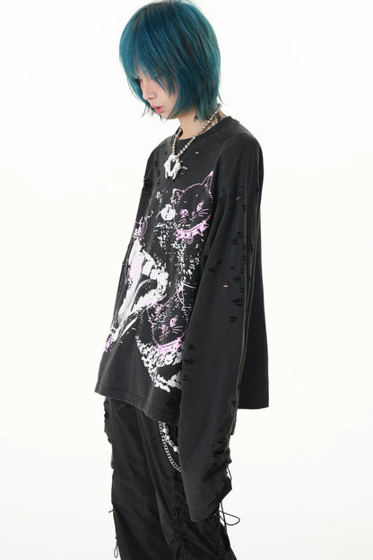 Pink Cat Washed Ripped Cuffs Long-Sleeve T-Shirt