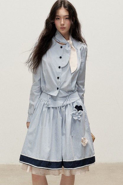 Plaid Contrast Ribbon Shirt and Skirt Set-Up