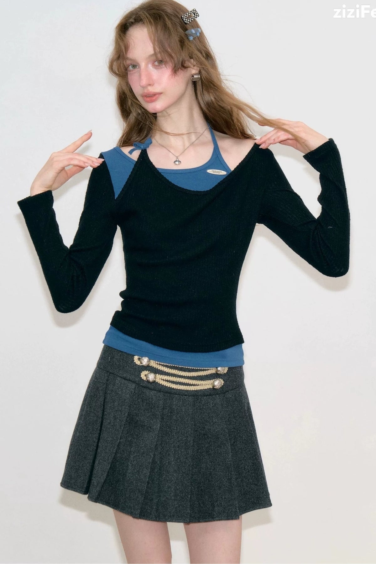 Blue Black Spliced Halter Knit Top