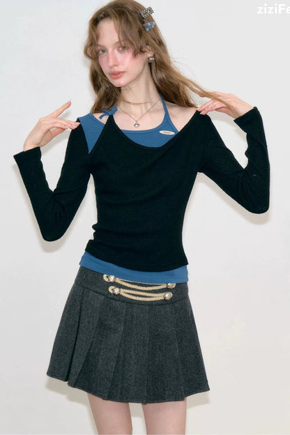Blue Black Spliced Halter Knit Top
