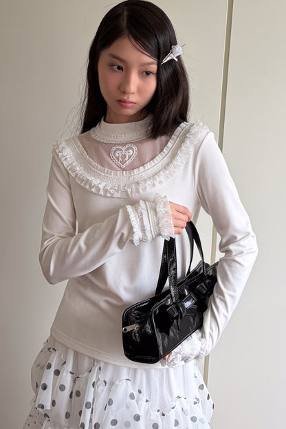 Embroidered Mesh Lace Collar T-Shirt