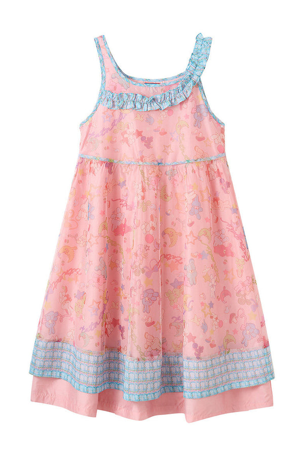 Pink Rabbit Print Asymmetrical Strap Mesh Dress