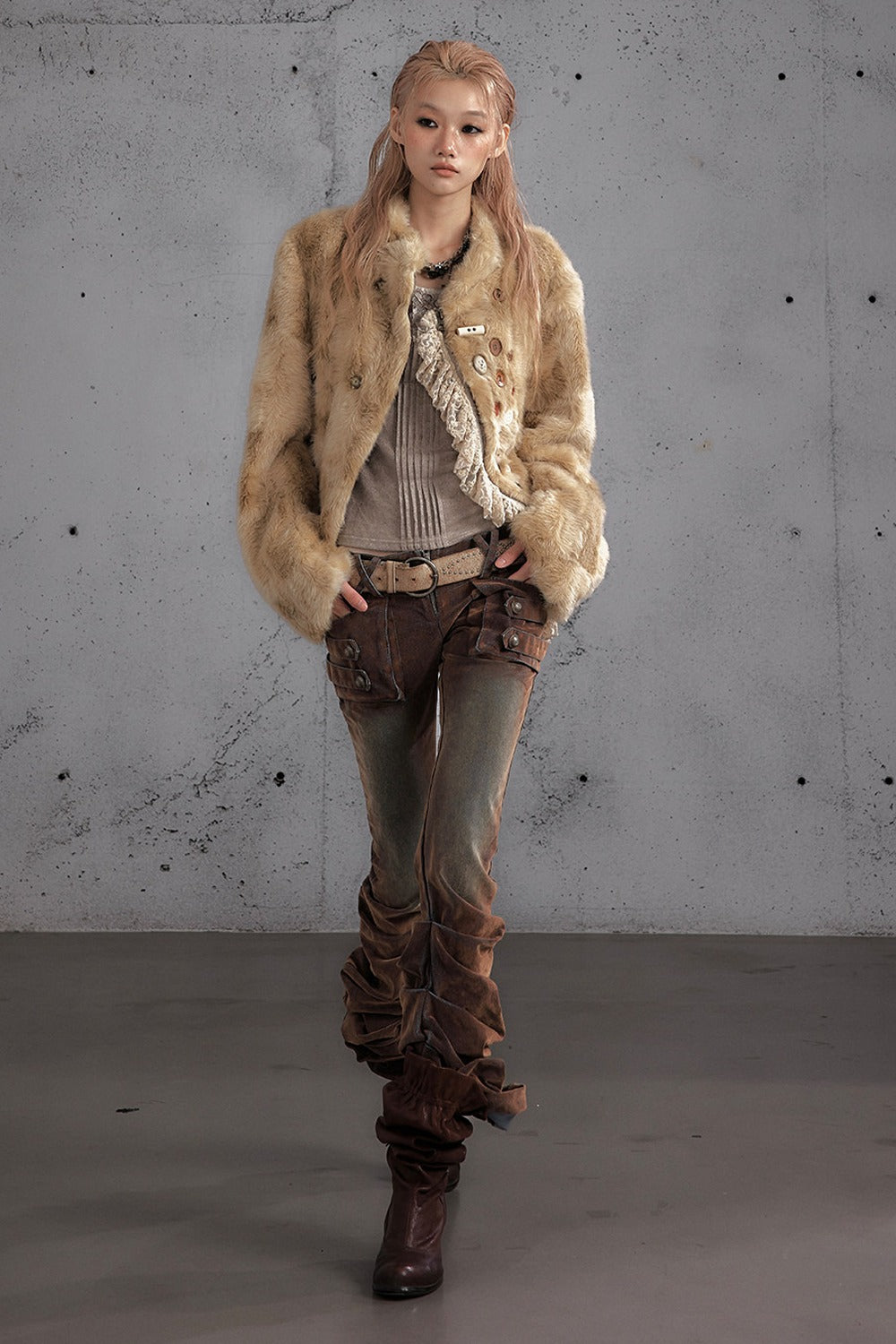 Punk Flocked Ruched Low-Waist Curved Leg Jeans