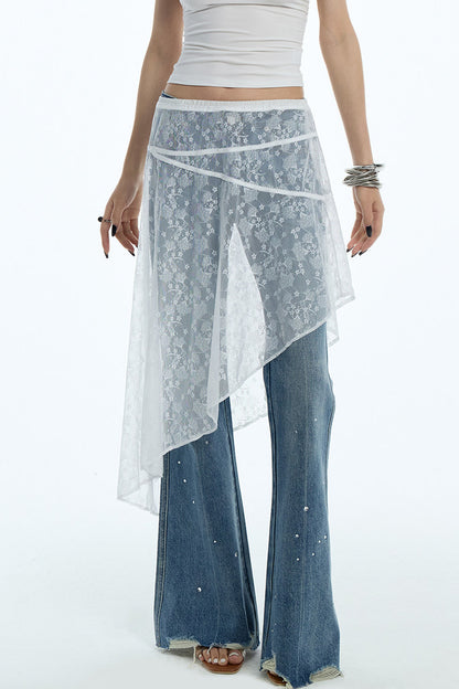 Sheer White Lace Side Ruffle Skirt