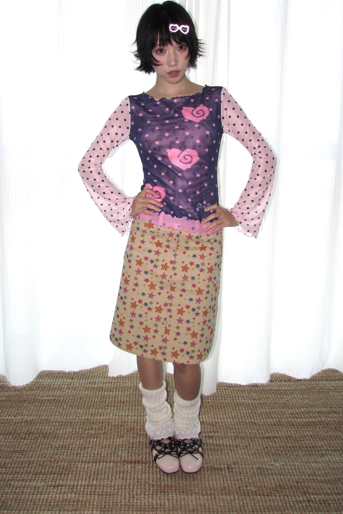 Polka Dot Bell Sleeve Mesh Top