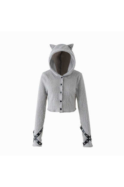 Plush Hooded Cat Ear Cardigan and Skirt Set-Up