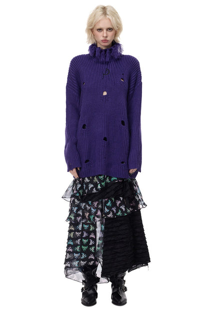 Tassel Turtleneck Ripped Oversized Sweater
