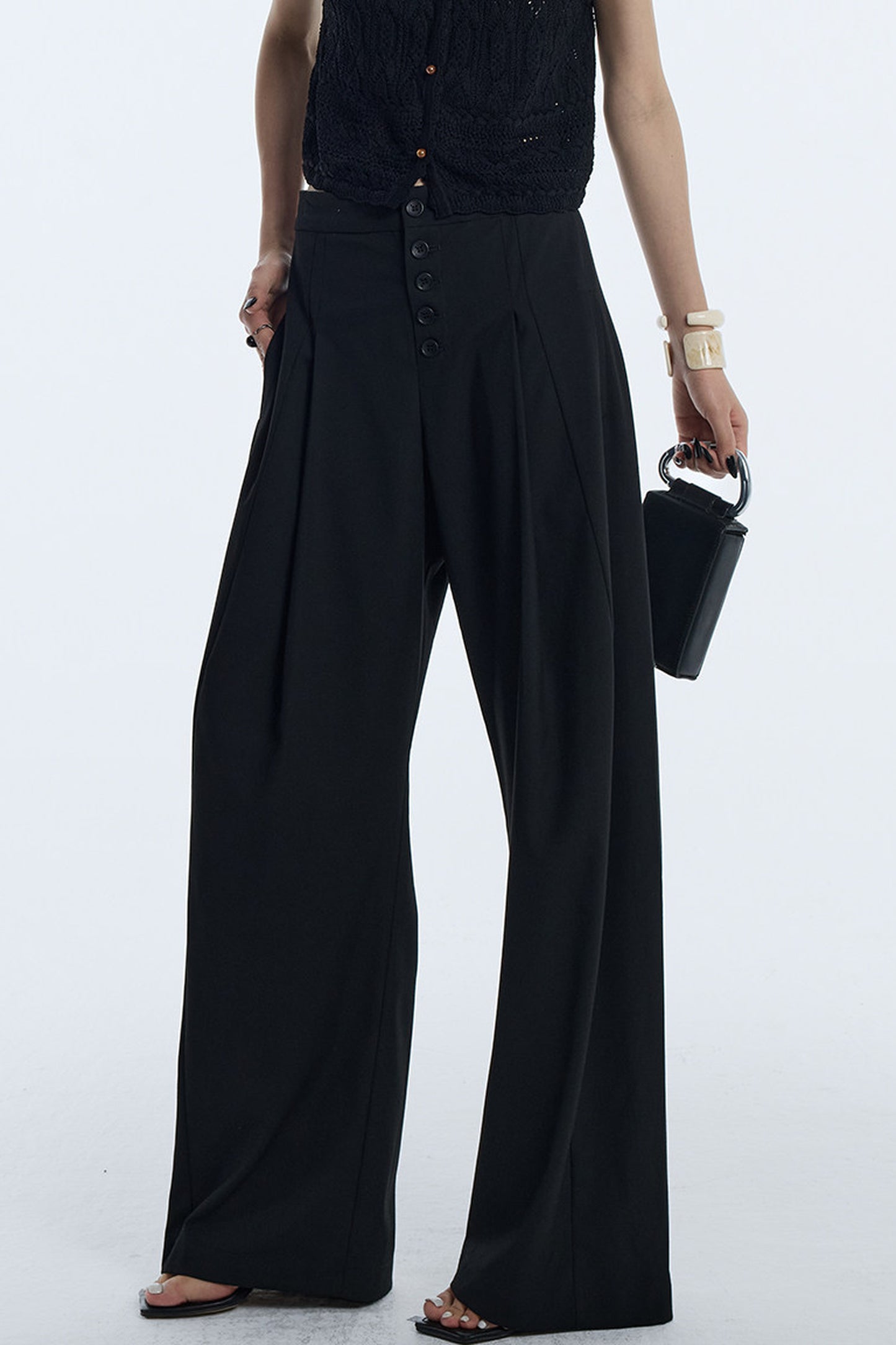 Black Pleated Wide-Leg Trousers
