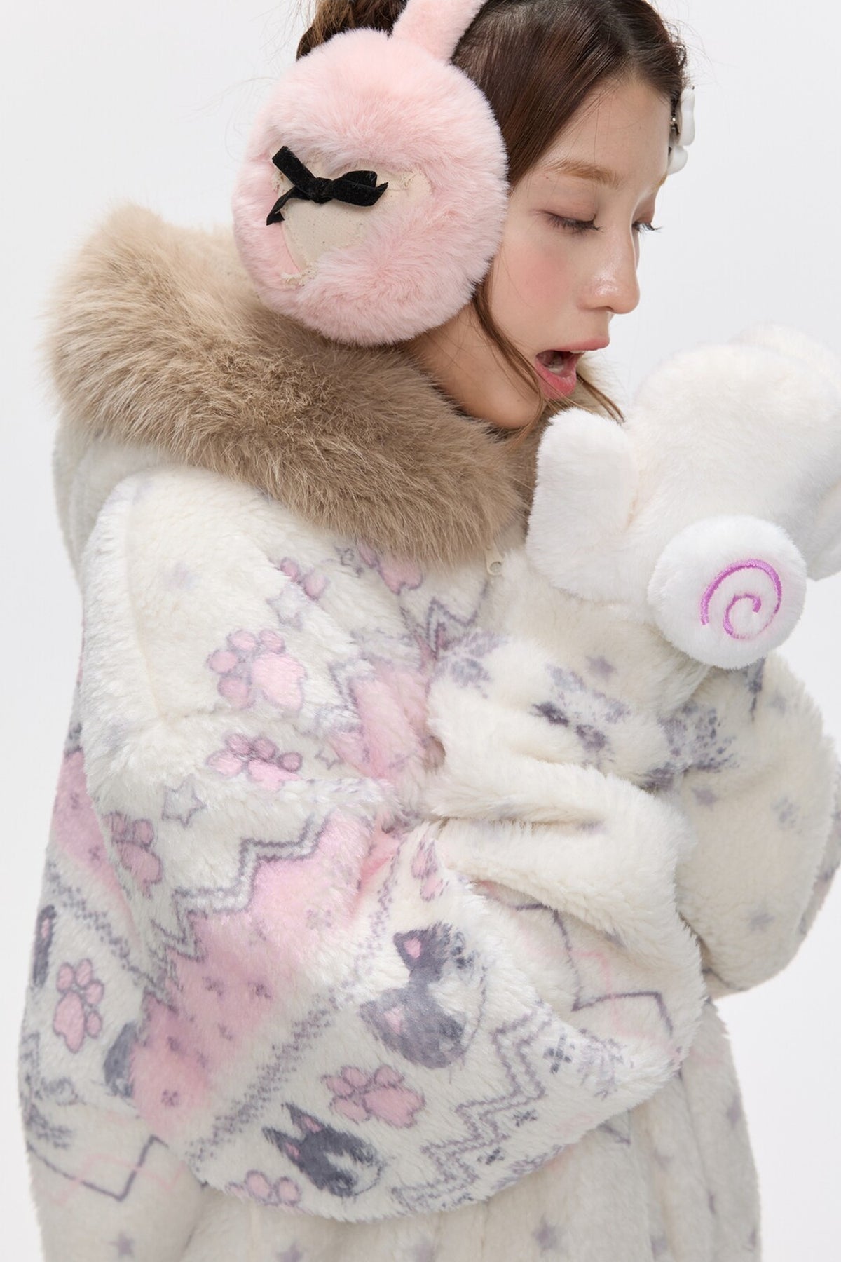 Beige Lamb Wool Fur Collar Jacket