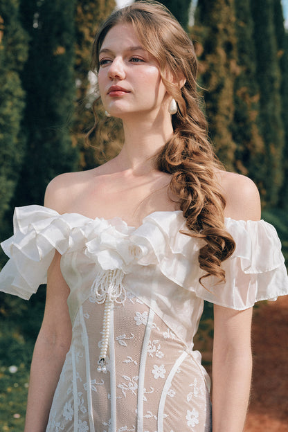 Lace French Retro Off-Shoulder Fishbone Dress