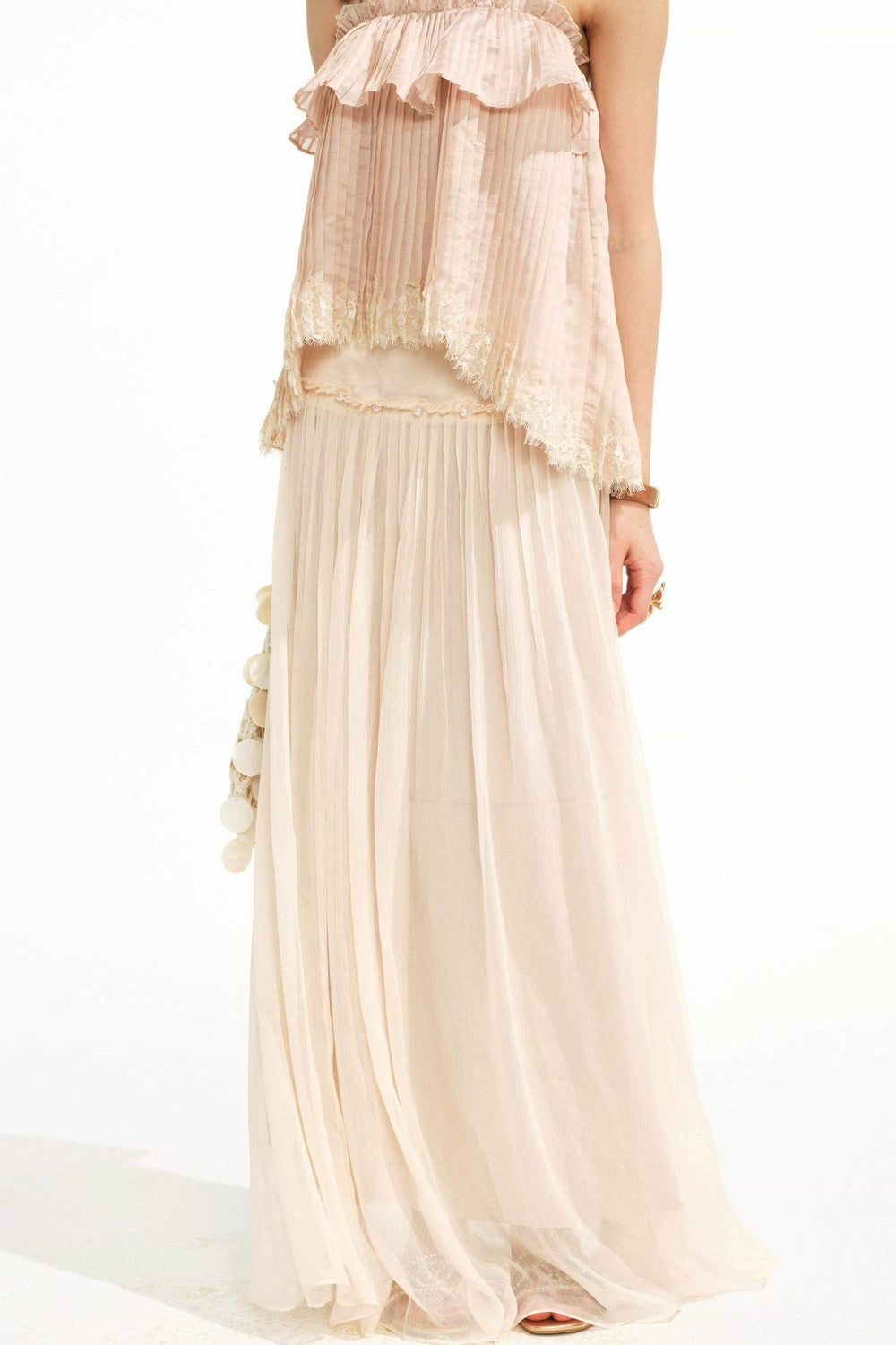Retro Pleated Lace Pearl Skirt Set-Up