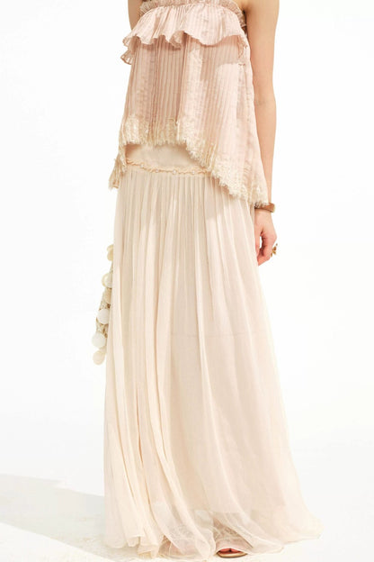 Retro Pleated Lace Pearl Skirt Set-Up