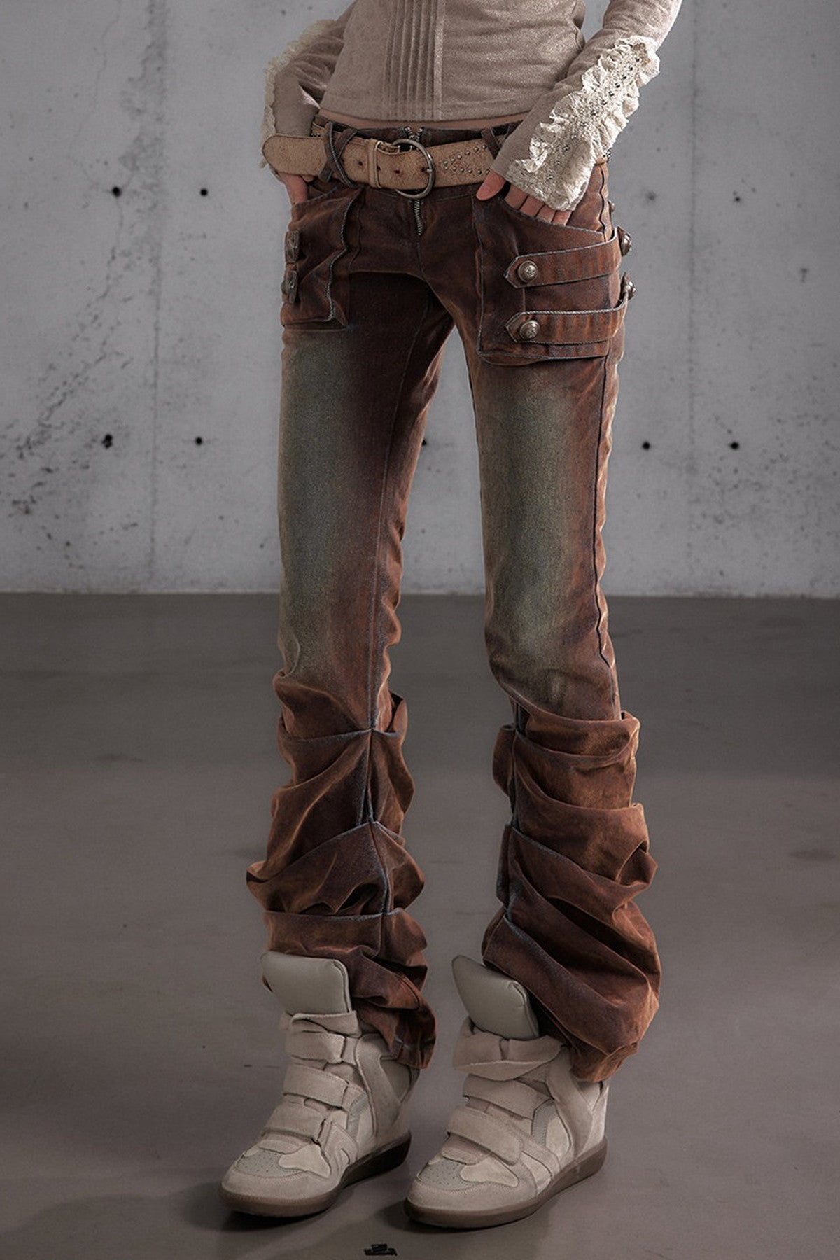Punk Flocked Ruched Low-Waist Curved Leg Jeans
