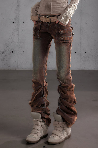 Punk Flocked Ruched Low-Waist Curved Leg Jeans