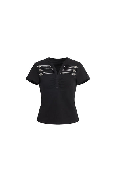 Retro Embroidered Henley Blouse
