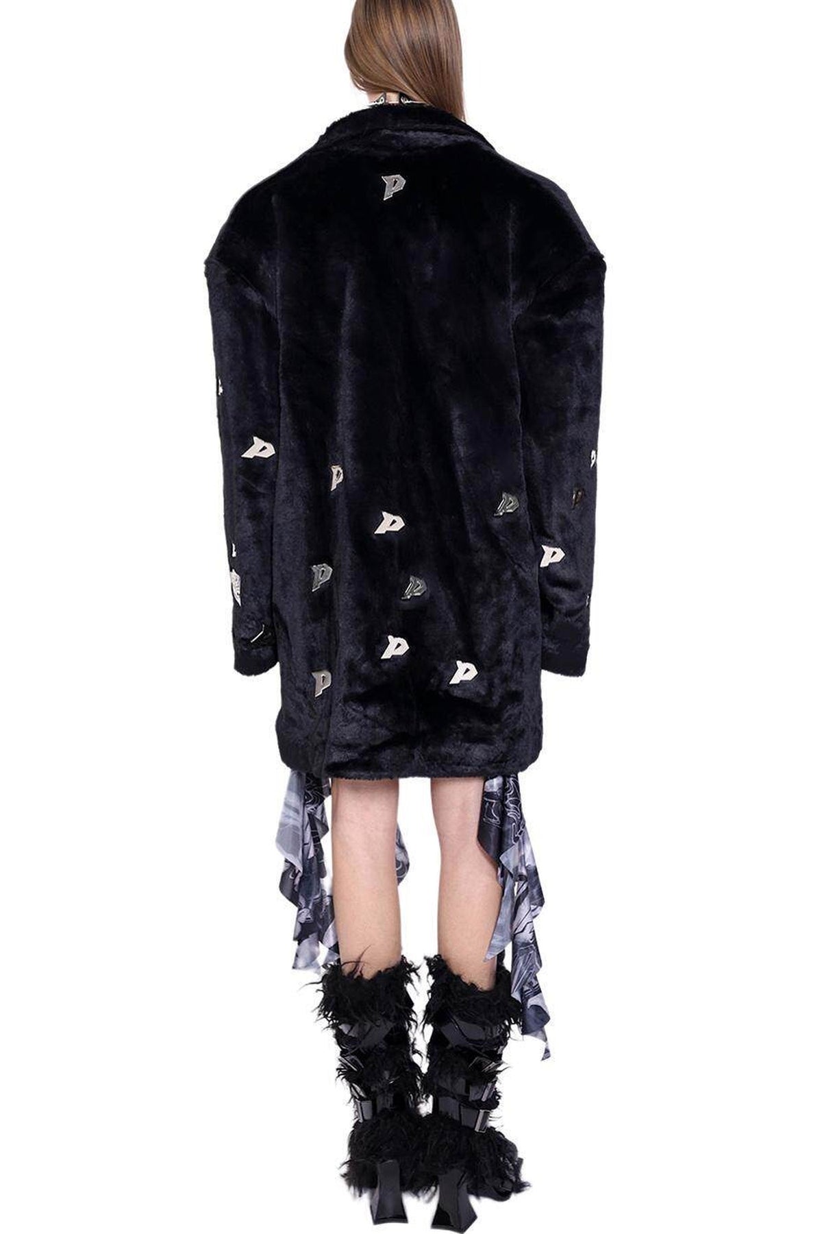 Letter Quilted Shoulder Pads Genderless Black Fur Jacket