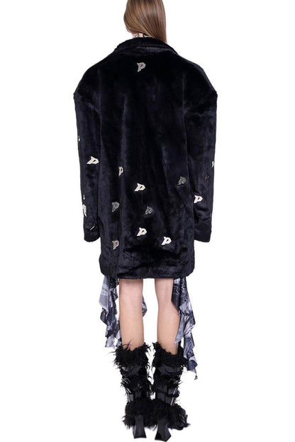 Letter Quilted Shoulder Pads Genderless Black Fur Jacket