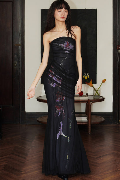 New Chinese Style Printed Mesh Dress