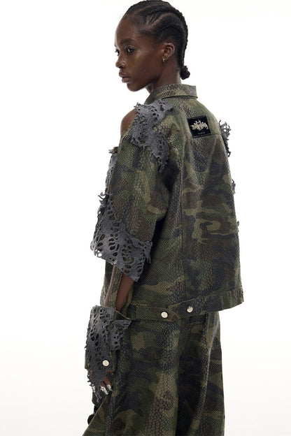 Distressed Camouflage Denim Jacket