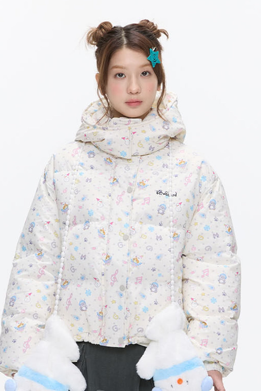 Beige Full Print Hooded Down Jacket