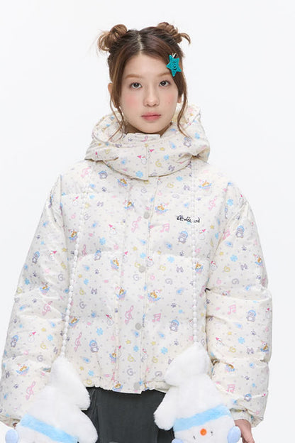 Beige Full Print Hooded Down Jacket