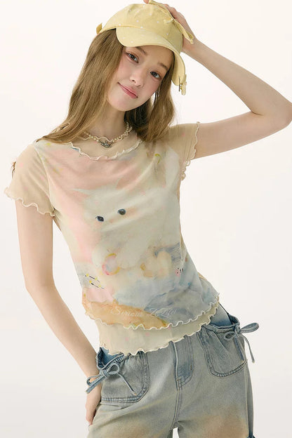 Cat Print Mesh Short Sleeve T-Shirt