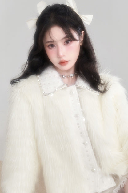 Snow Mountain Silver-White Long-Haired Fur Coat and Skirt Set-Up