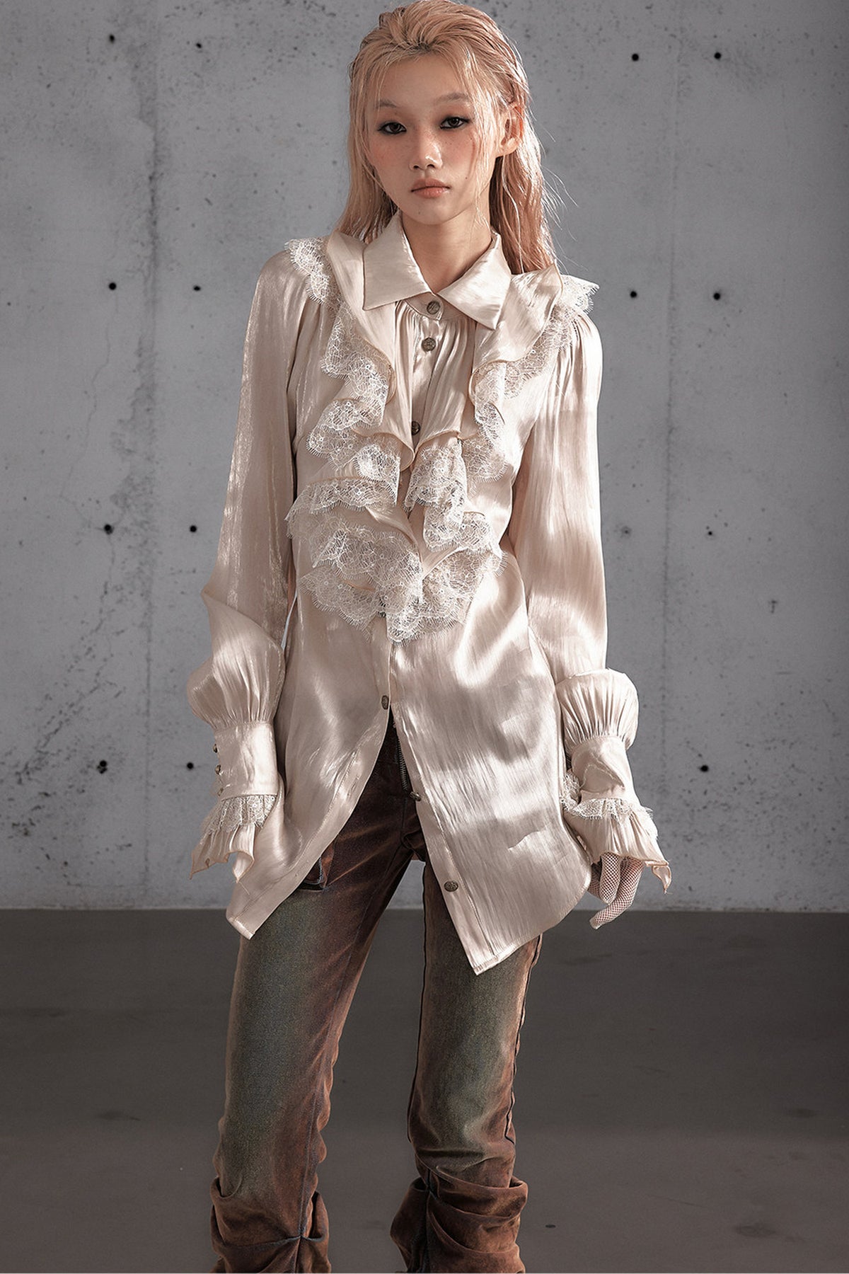 Ruffled Lace Patchwork Satin Blouse