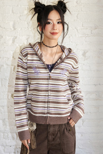 Striped Hooded Short Cardigan
