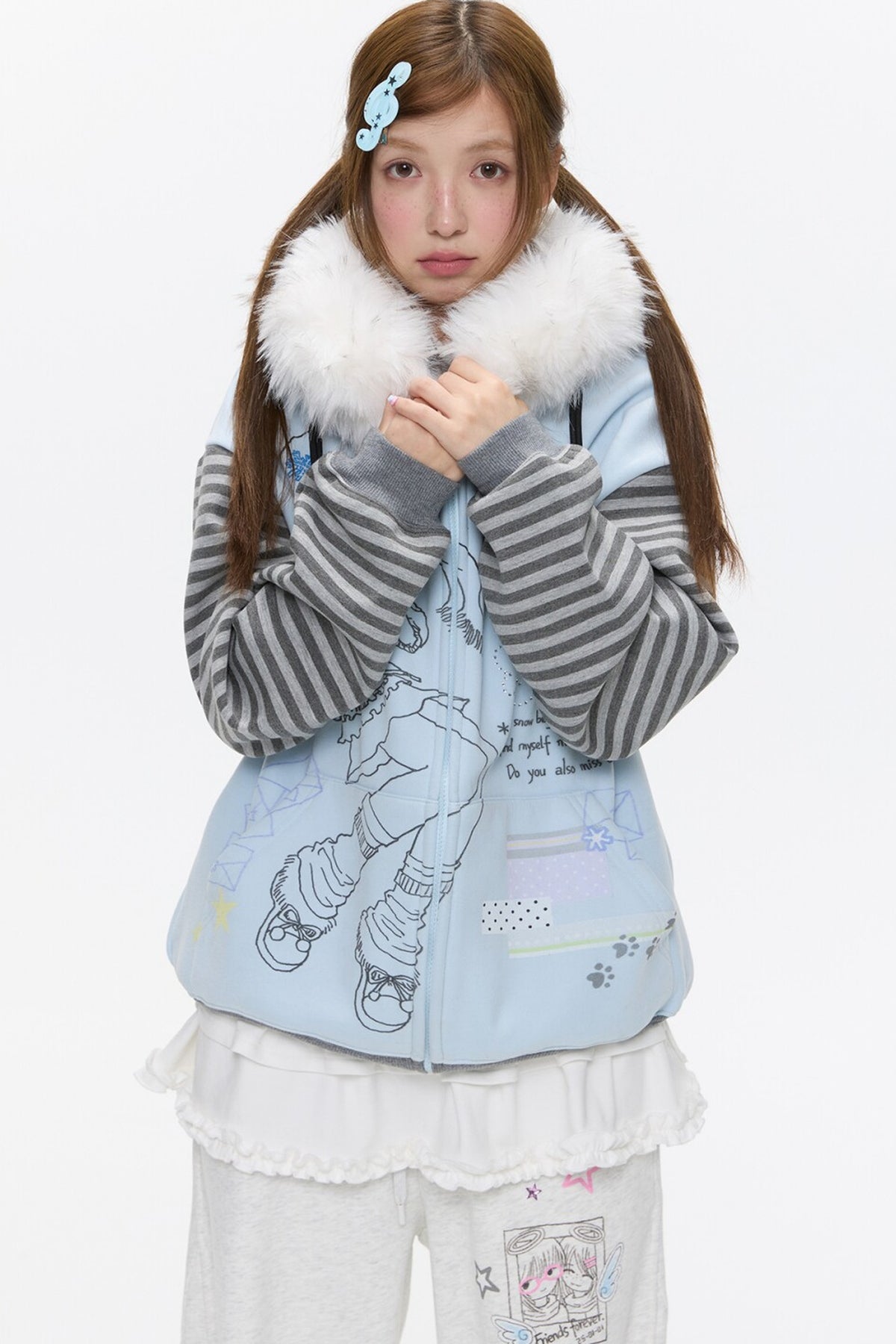 Striped Raglan Fur Collar Jacket