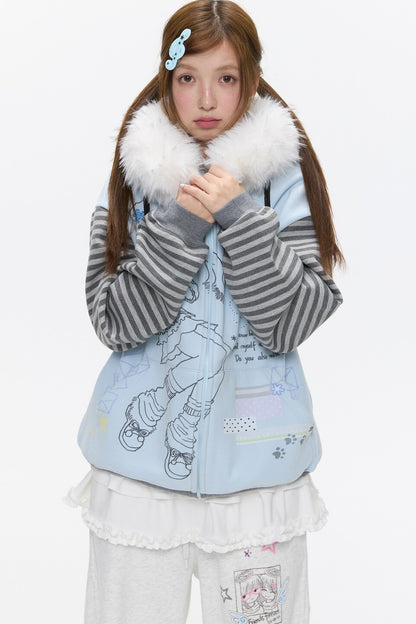 Striped Raglan Fur Collar Jacket