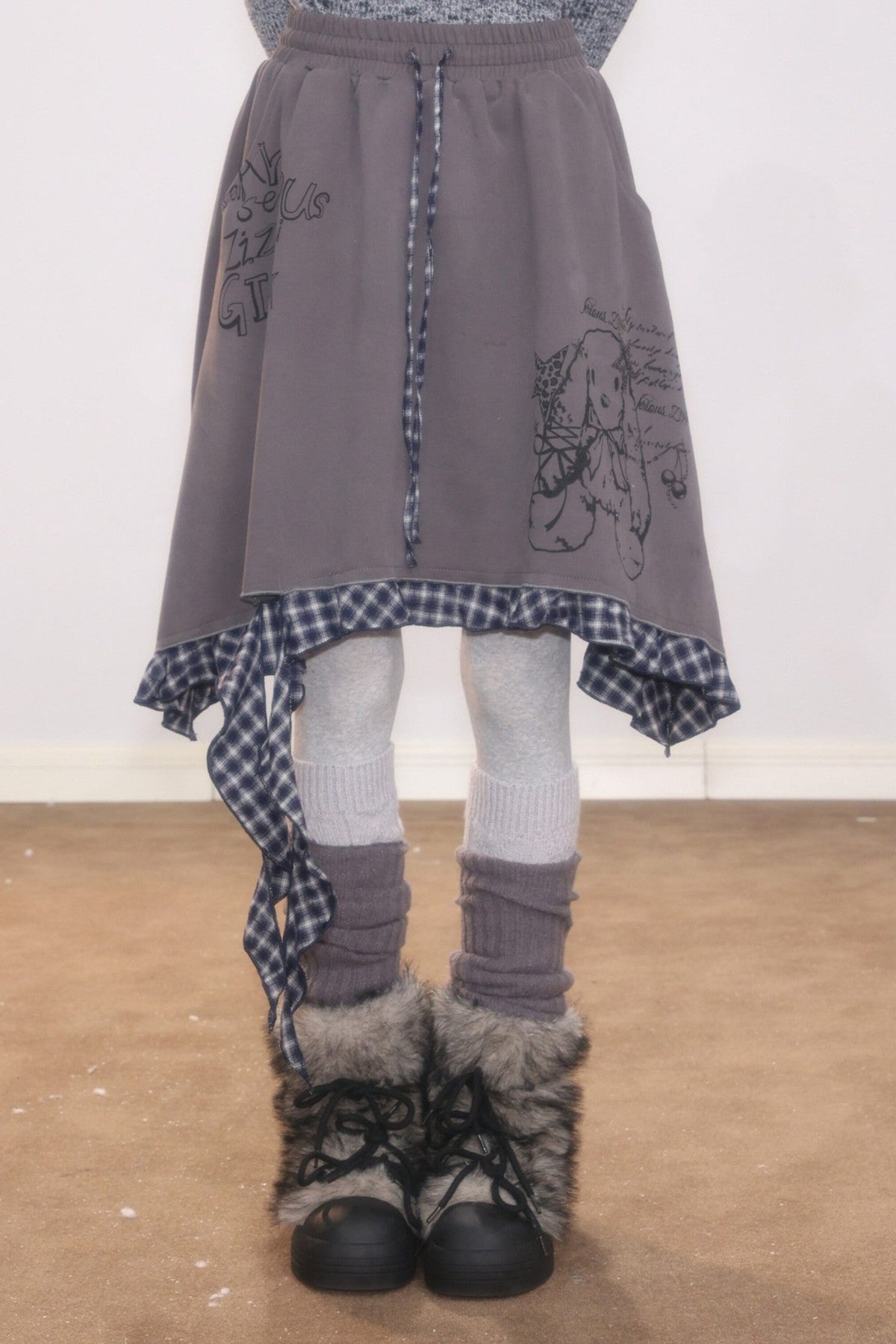 Plaid Graffiti Rabbit Irregular Hem Skirt