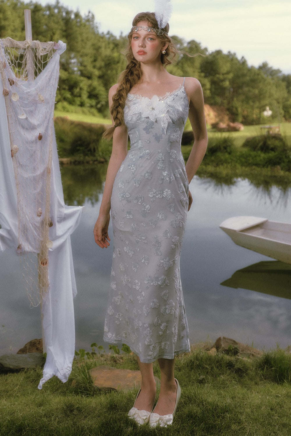 Little Swan Floral Fishtail Dress Shawl Set-Up