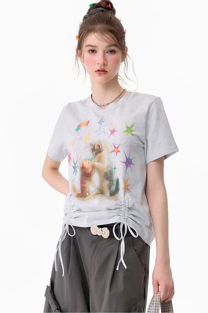T-Shirt mit Katzenmotiv und Kordelzug