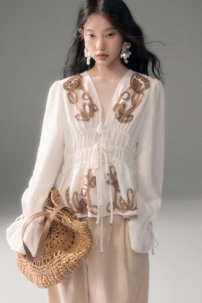 3D Tulip Floral Tencel Linen Blouse