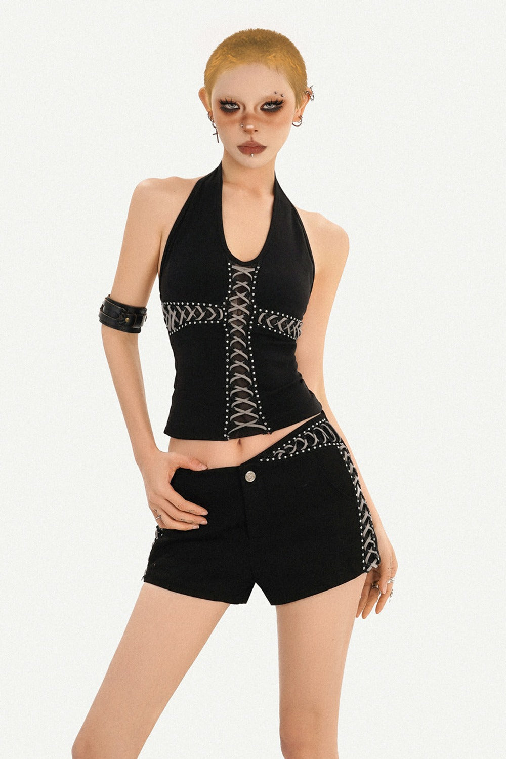 V-Neck Halter Tie-Waist Backless Top and Shorts Set